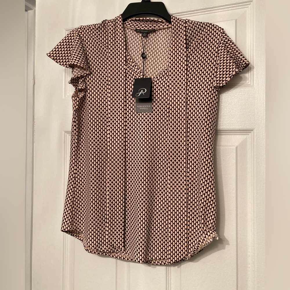Printed flutter sleeve tie neck top, size small